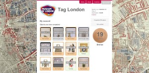 Image of Tag London interface page showing thumbnails of objects tagged and a bronze badge