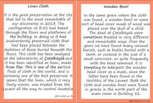 Figure 6. Cards used for the theme of ‘Special Artifacts’. The left card includes information about an excavated linen cloth and the right card describes a wooden bowl found in a burial in Building 52.