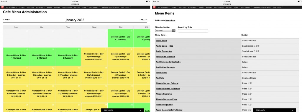 Figure 3: Café menu administration and menu items interface in Drupal